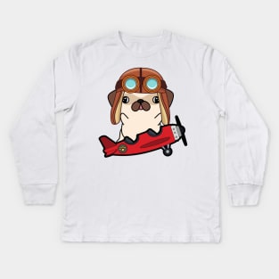 Cute pug is in a vintage plane Kids Long Sleeve T-Shirt